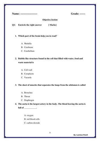 Science test paper for grade  5 or 6