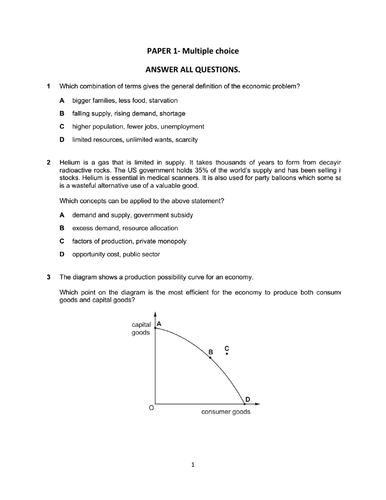 Economics Examination Questions And Answer Paper 1 And Paper 2 Teaching Resources