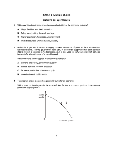 Economics examination questions and answer (paper 1 and paper 2).