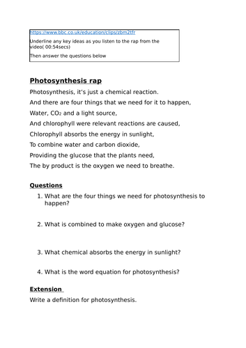 photosynthesis rap starter