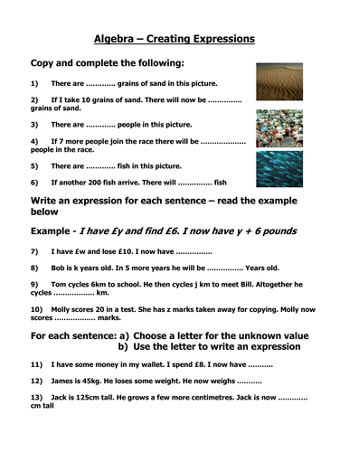 This is a worksheet on creating algebraic expressions.