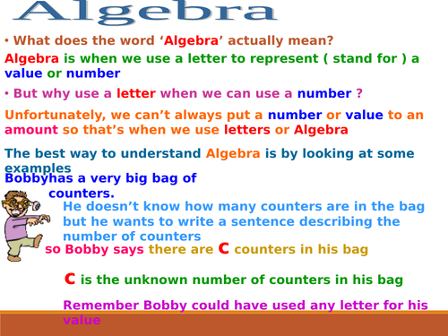 A power point presentation and worksheet on creating simple algebraic expressions.