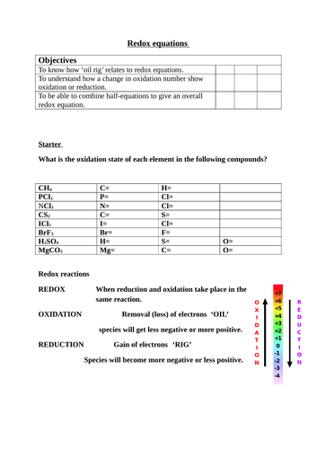 KS 5 redox equations and redox half equations