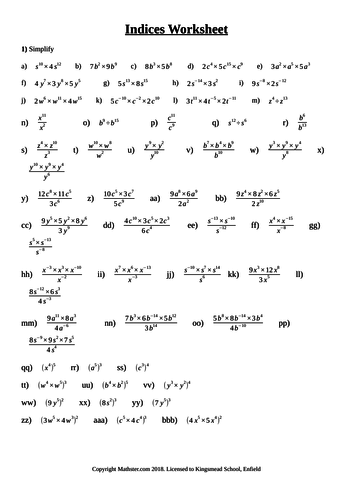 Indices Worksheet