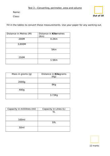 Year 5 test on perimeter, area, volume and converting between units.