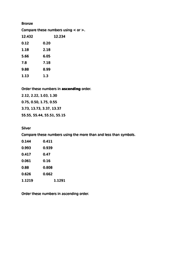 Comparing and Order Decimals Year 5. Differentiated.