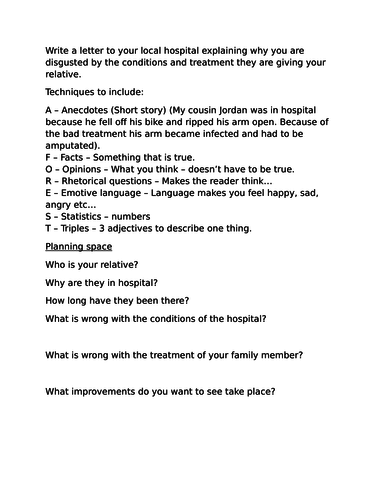 Formal letter planning sheet low ability