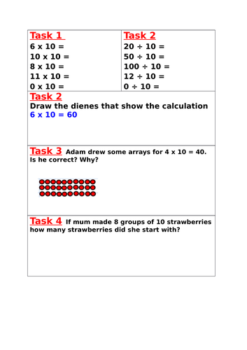 Maths task worksheet: fluency, reasoning and problem solving on 10 x table