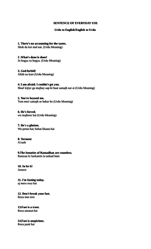 SENTENCE -daily use- Urdu to English/English to Urdu