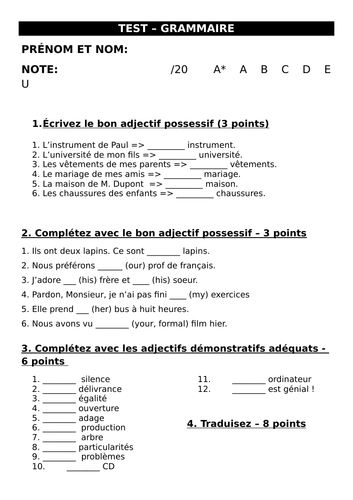 Worksheet / test on possessive and demonstrative adjectives