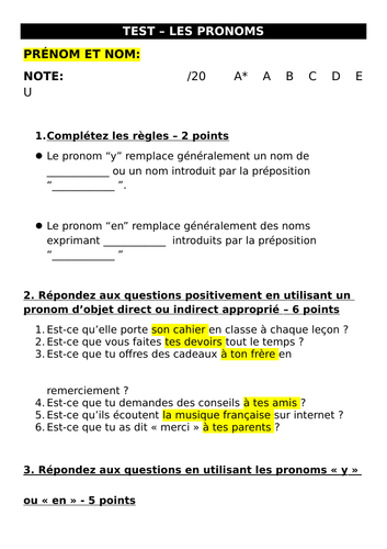 Worksheet / test on all pronouns (COD/COI, y, en)