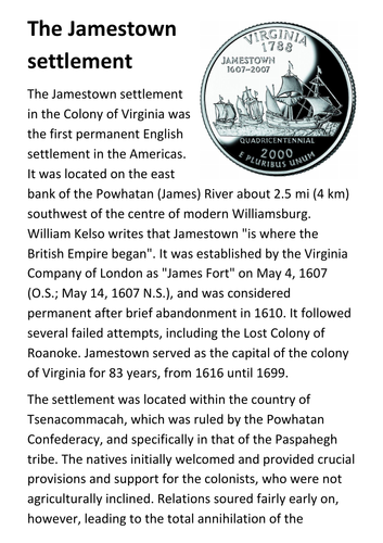The Jamestown settlement Handout