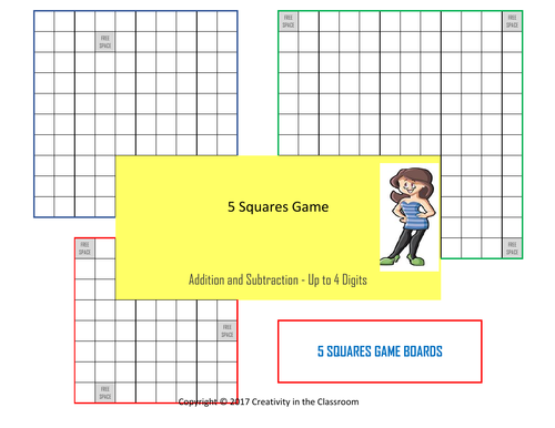 Five Squares Game - Addition and Subtraction - Up to 4 digits