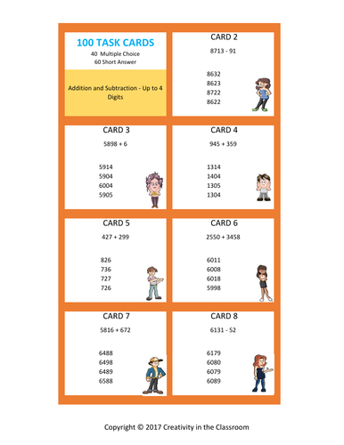 Task Cards - Addition and Subtraction - Up to 4 digits