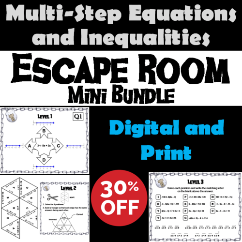 Multi-Step Equations and Inequalities Game: Escape Room Math Mini-Bundle