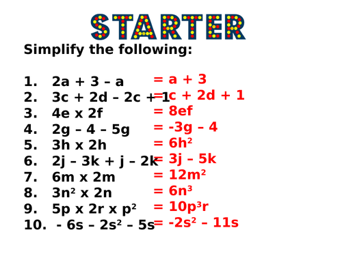Algebra Lesson Starters + Answers
