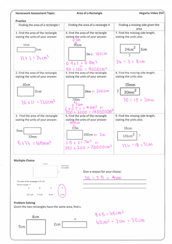 Area of a Rectangle Homework with Answers