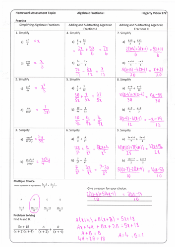Solving algebraic fractions worksheet with answers image