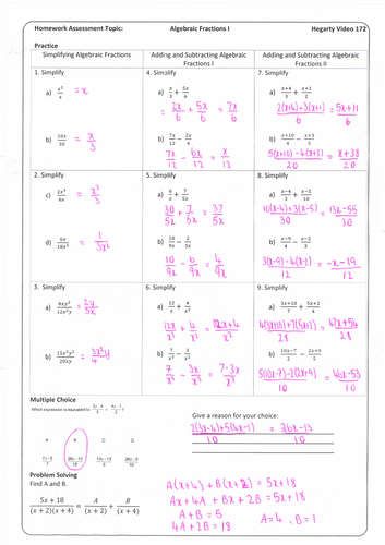 Algebraic Fractions Homework with Answers