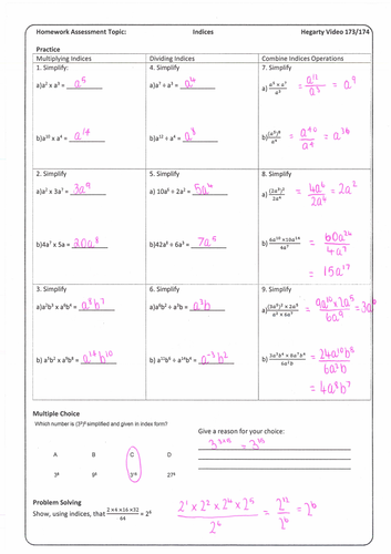 Indices worksheet year 7 image