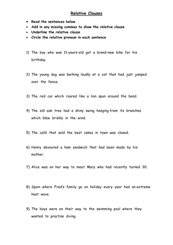 Identify the Relative Clause Worksheet