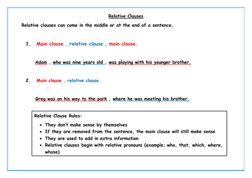 Relative Clause Information Poster and Worksheet