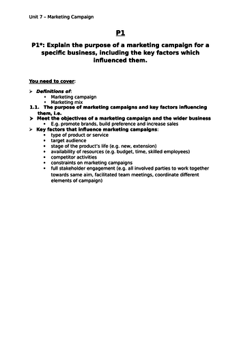 Unit 7 Marketing Campaign - Cambridge Technicals Business Level 3 - P1 Theory Sheet