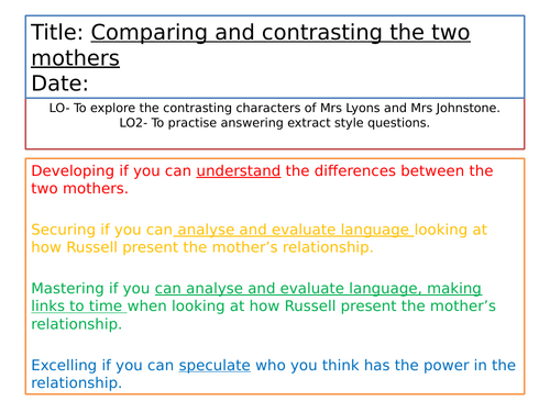 Blood Brothers - Comparing Mrs Johnstone and Mrs Lyons