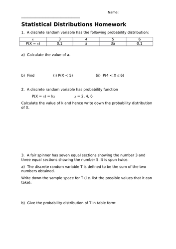 Edexcel New A Level Statistical Distributions Homework