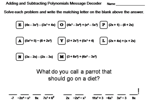 Adding and Subtracting Polynomials Worksheet: Math Message Decoder