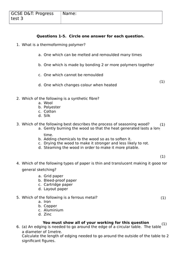 GCSE D&T 9-1 quick test covering all material areas and maths questions