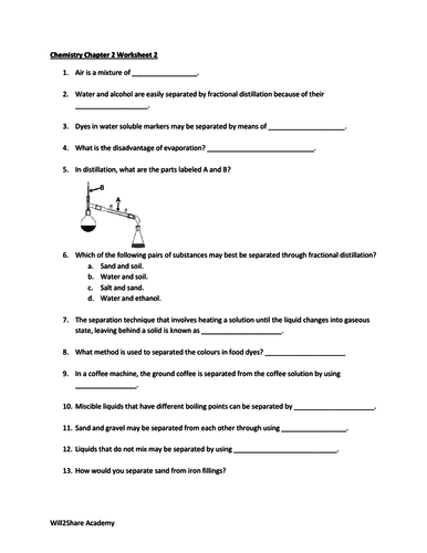 Methods of Separating Substances Worksheets (Filtration, Fractional Distillation, Chromatography)