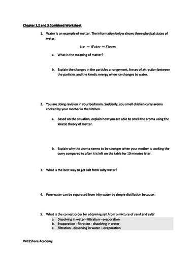 States of Matter, Diffusion, Methods of Separation, Atomic Structure Combined Summary Worksheets