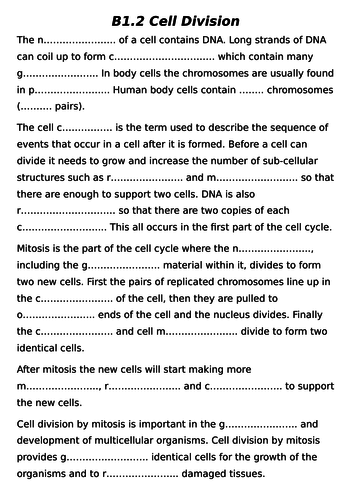 B1 Cell structure Gap-fill activities for AQA 9-1 Biology & Combined Science 2018