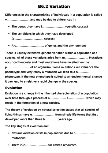 B6 Inheritance, Variation &  Evolution gap fill activities for AQA 9-1 Bio & Comb Science GCSEs 2018
