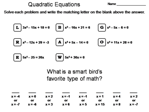 Solving Quadratic Equations Worksheet: Math Message Decoder