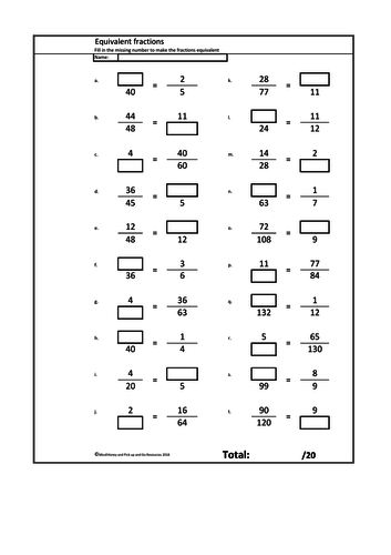 Equivalent fractions worksheet (80 questions with answers)
