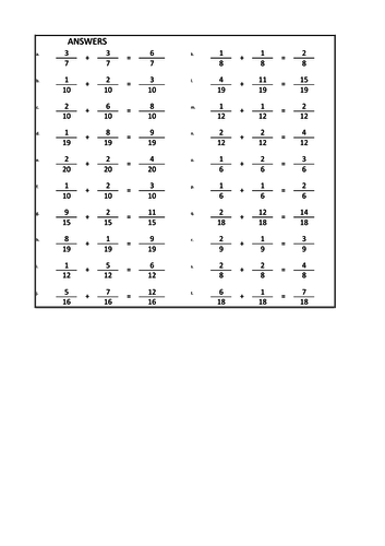 adding fractions with the same denominator 80 questions and answers teaching resources