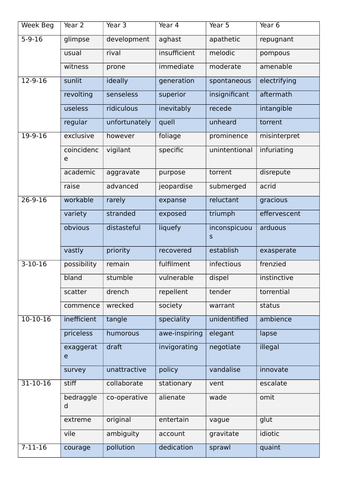 Year 2, 3, 4, 5, 6 ambitious vocabulary. Whole year overview, PPT and printables