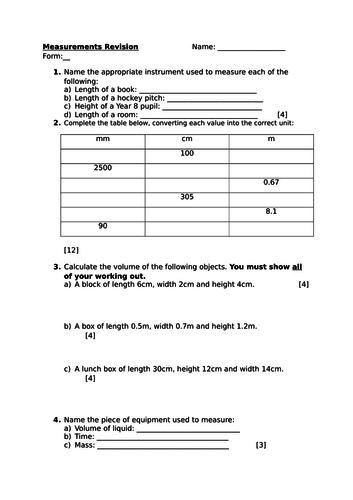 Worksheets on Measurements