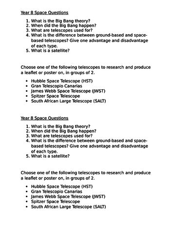Space research worksheet