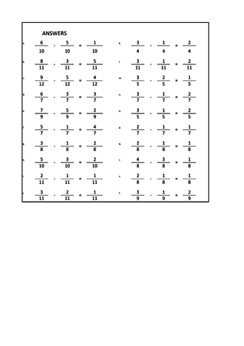 subtracting fractions with the same denominator worksheets 80 questions and answers teaching resources