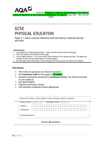 AQA GCSE PE – Chapter 4, 5a and 5b question paper, detailed mark scheme and diagnostic FB sheet