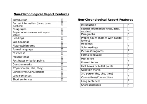 KS1/KS2 - Non-Chronological Reports Features Checklist