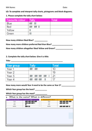 WRM Year 2 Statistics tally charts pictograms and block diagrams differentiated