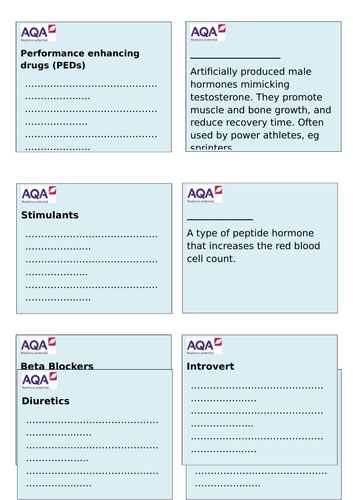 AQA GCSE PE Glossary cards - differentiated