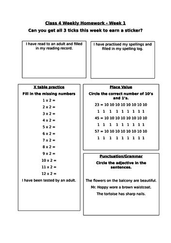 Homework sheets for year 2 literacy and numeracy