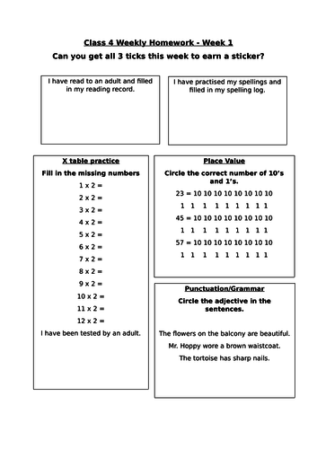 year 2 homework sheets