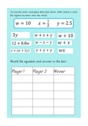 year 6 algebra substitution game teaching resources