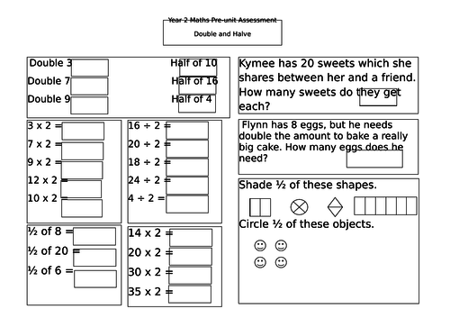 year 2 pre unit assessment for doubling and halving teaching resources